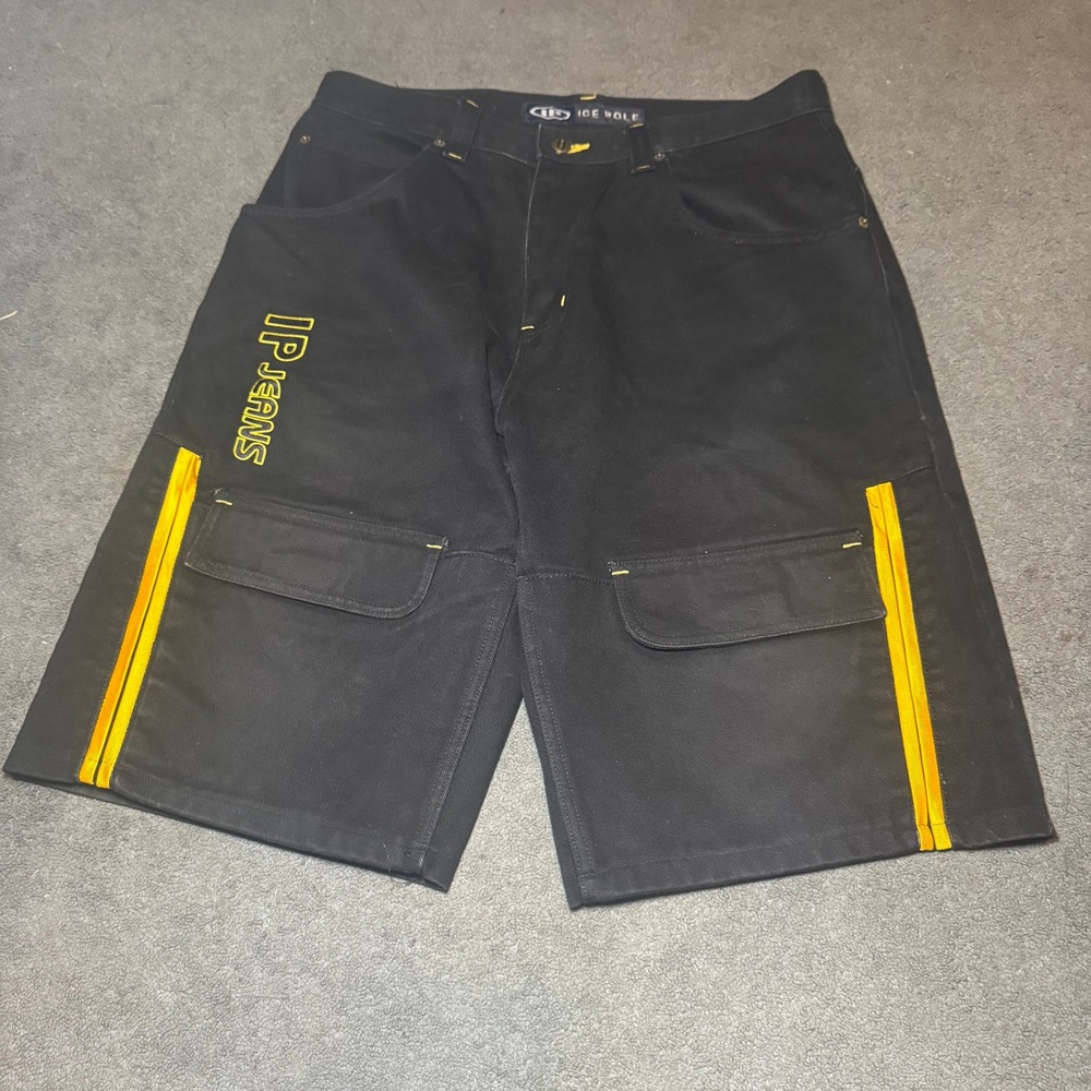 Ice Pole IP Jeans Mens Black Yellow Cargo Denim Shorts Baggy Y2K Streetwear 34